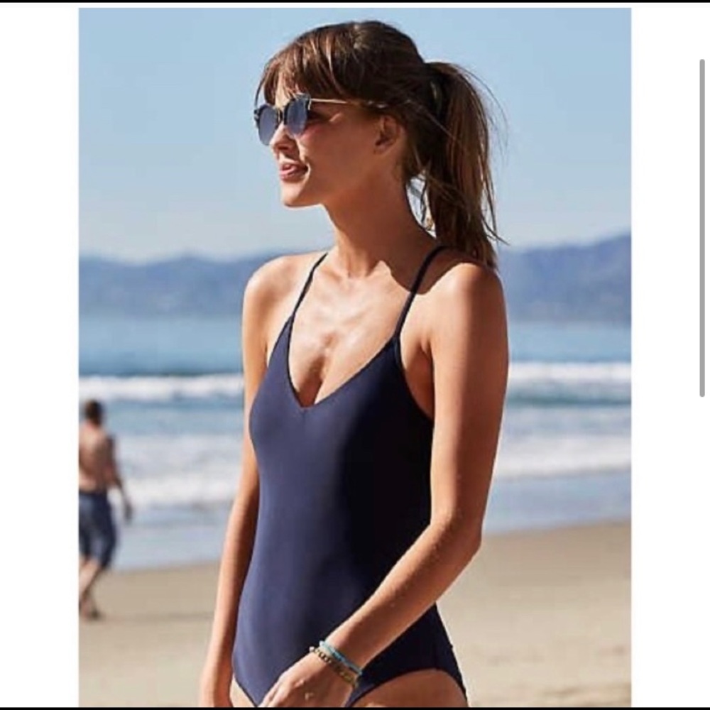 Aerie Lace Up Back One Piece BathingSuit Swim Navy